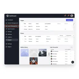 desktop preview of admin panel dashboard with content statistics and quick access widgets