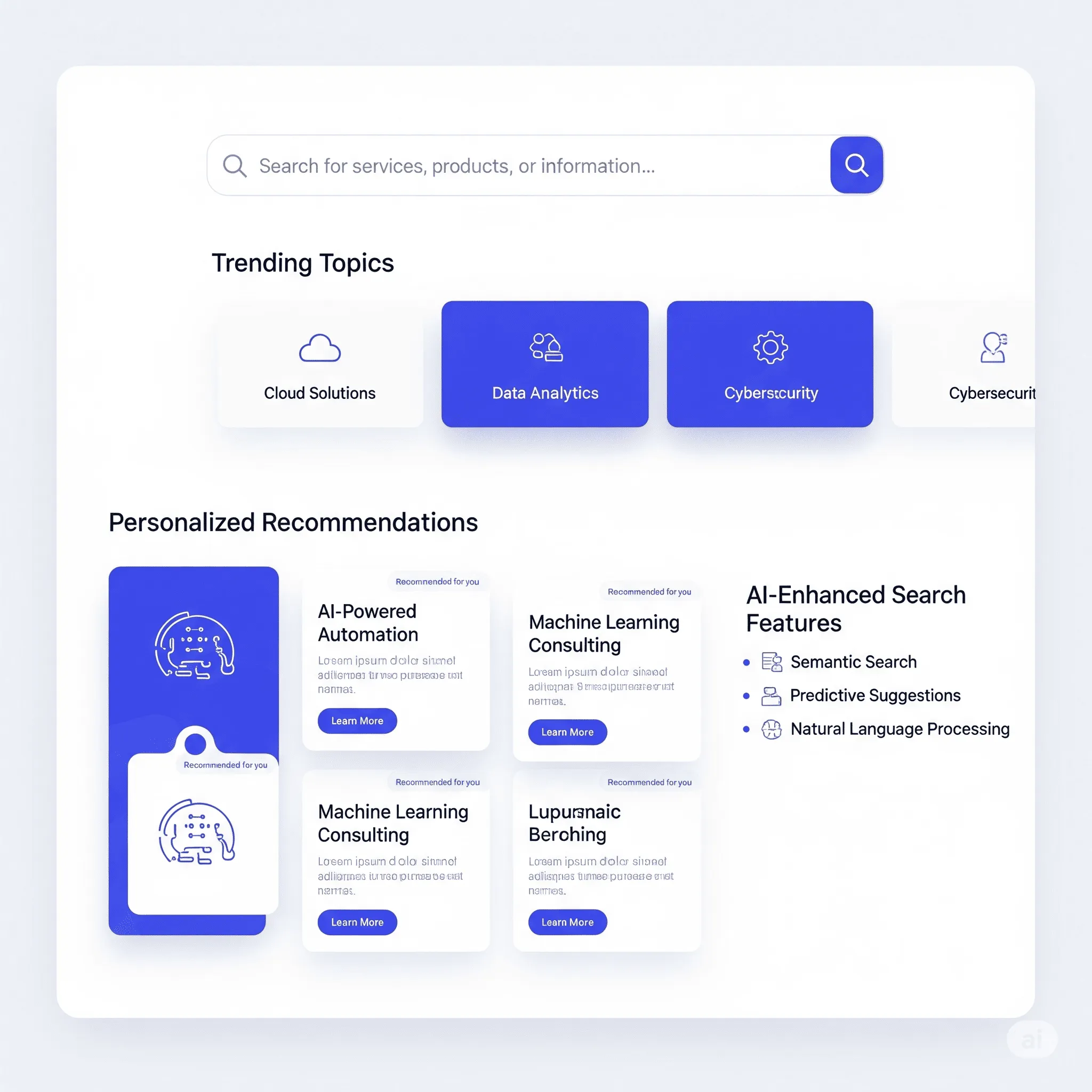 desktop preview of AI-powered search bar with contextual suggestions and relevant product recommendations