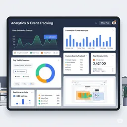 desktop preview of analytics module showing real-time event dashboard with user actions
