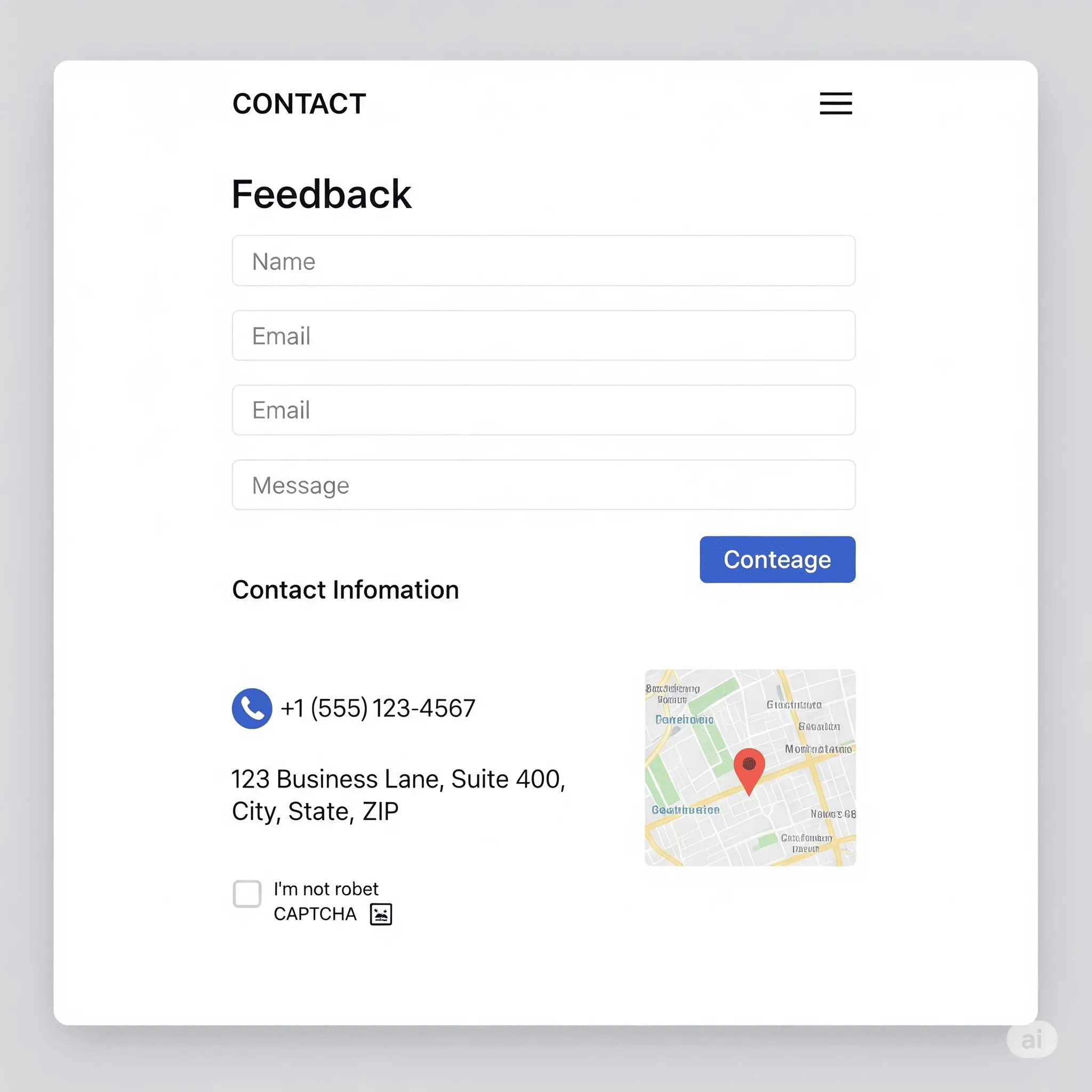 desktop preview of contact page module with clean feedback form and company details section
