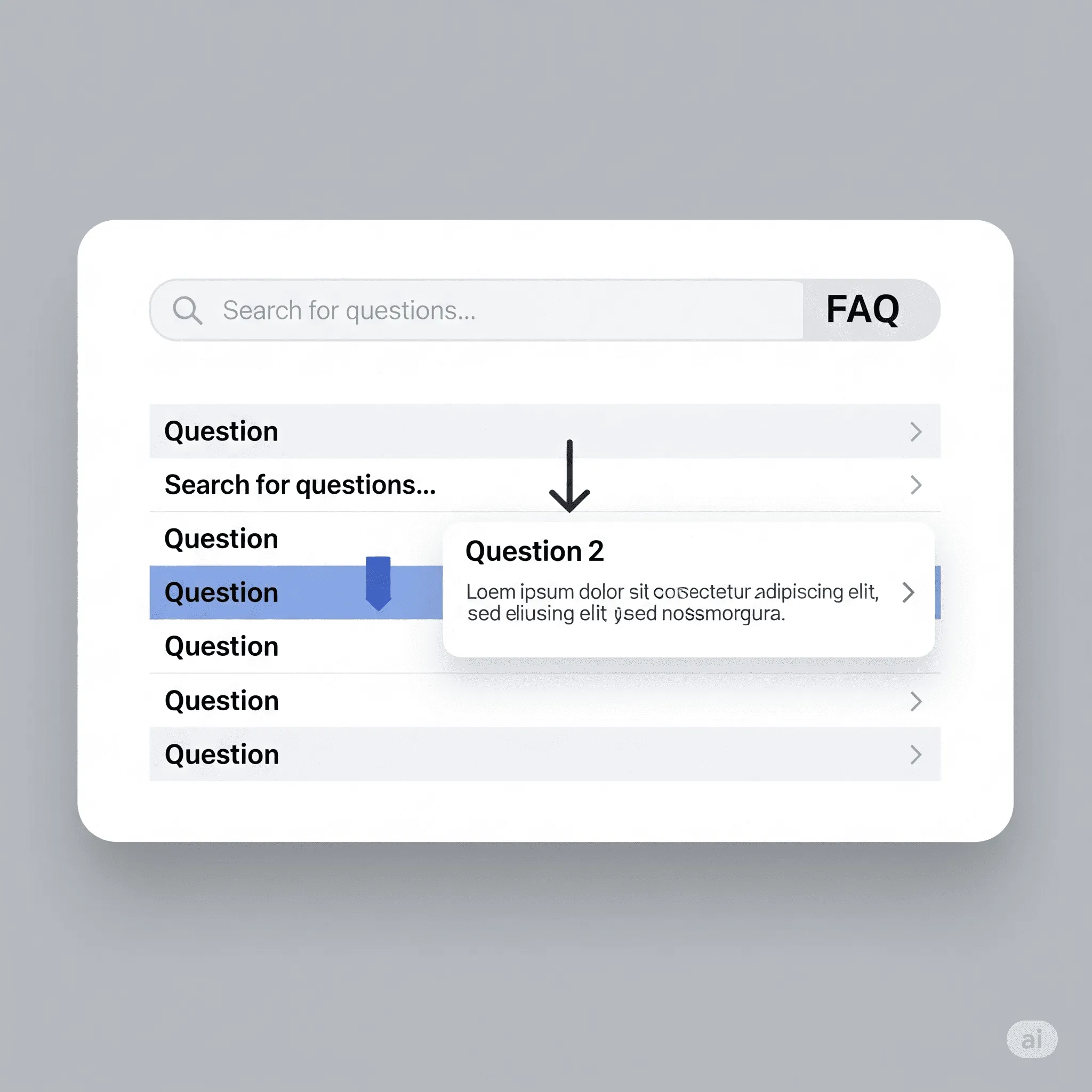 desktop preview of FAQ module showing accordion with open and closed questions