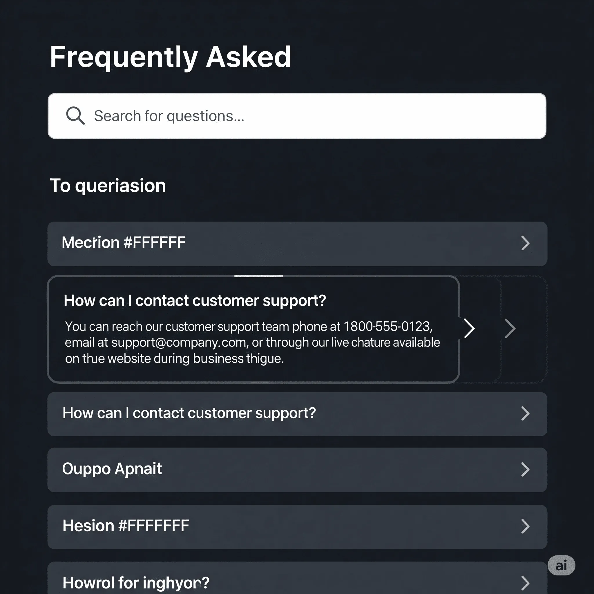 desktop preview of FAQ module with category-based question filtering
