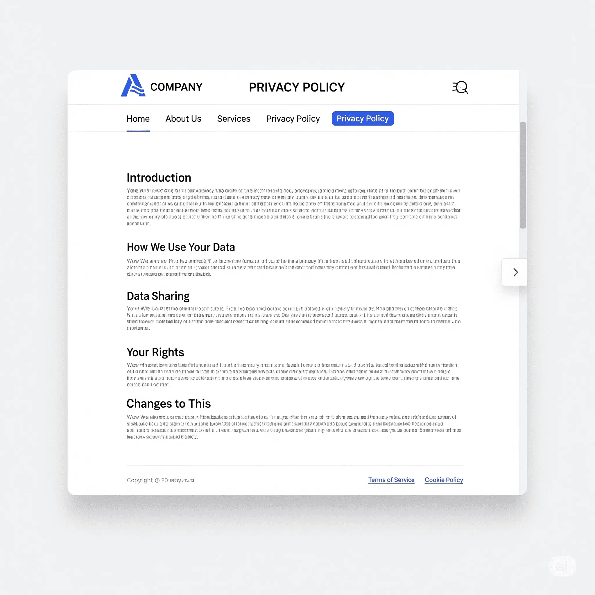 desktop preview of responsive privacy policy template with clean layout and structured legal text