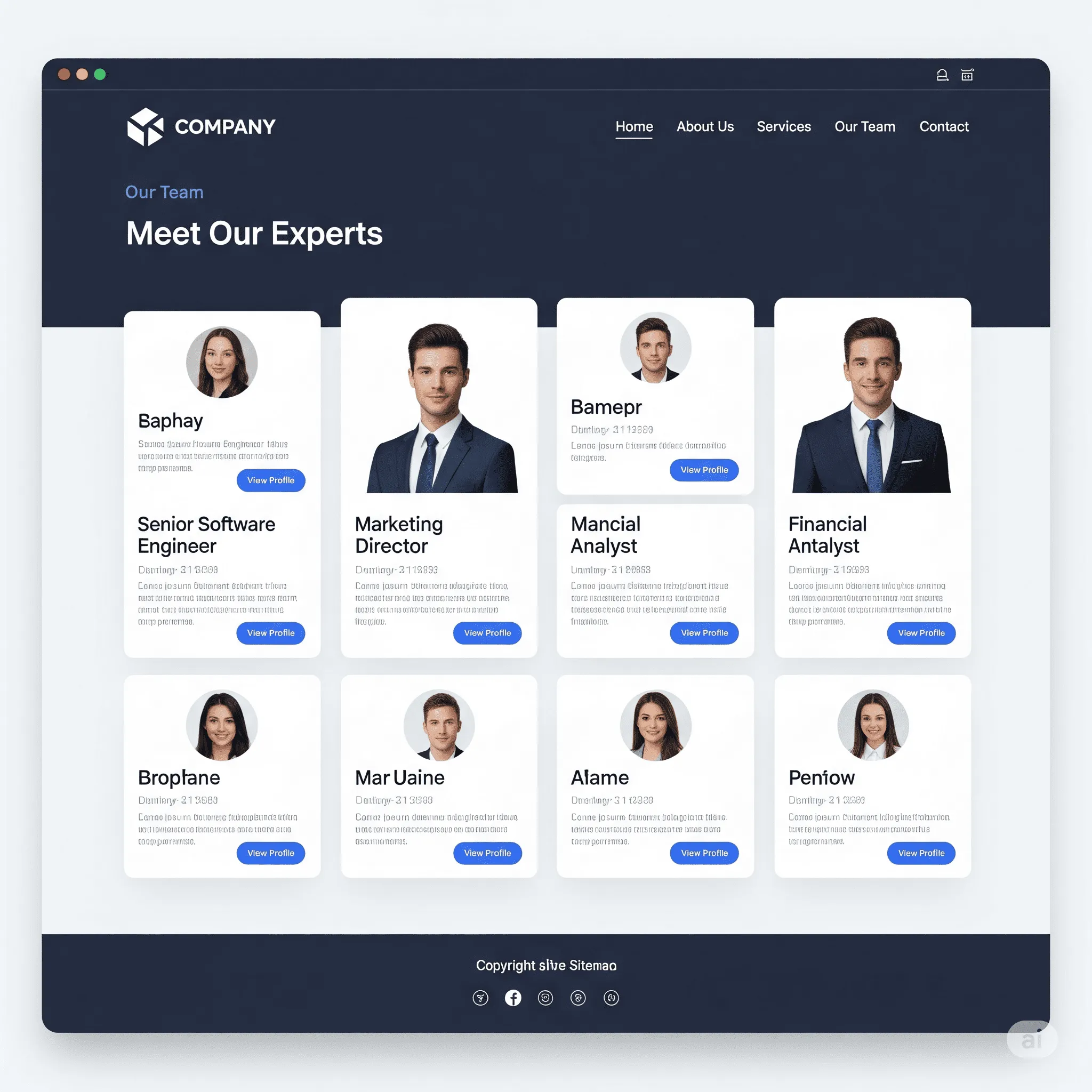 desktop preview of team module with department-based filtering for quick navigation