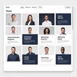 desktop preview of company team module showing expert profile cards in a clean grid layout