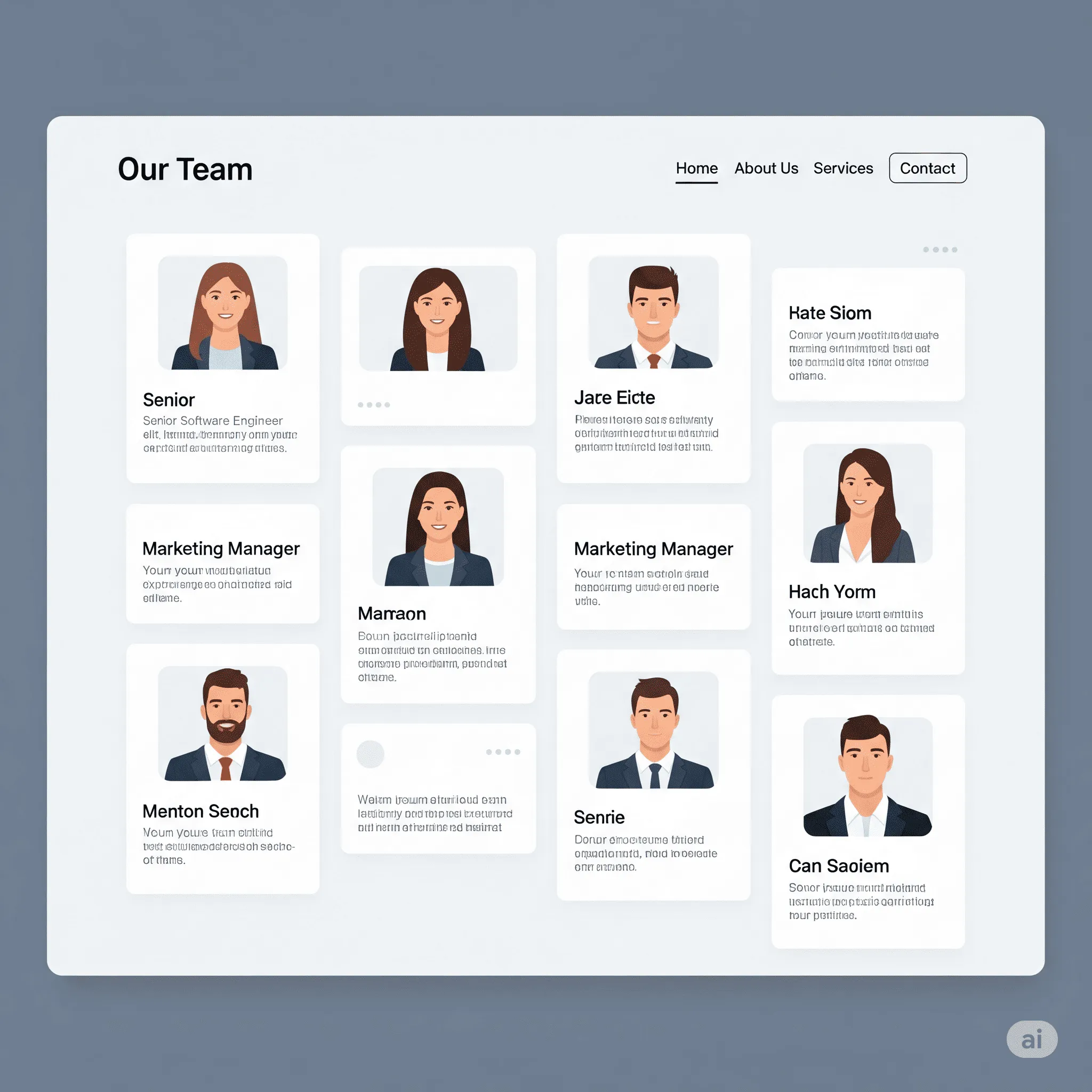 desktop preview of team section with interactive hover effects revealing expert details