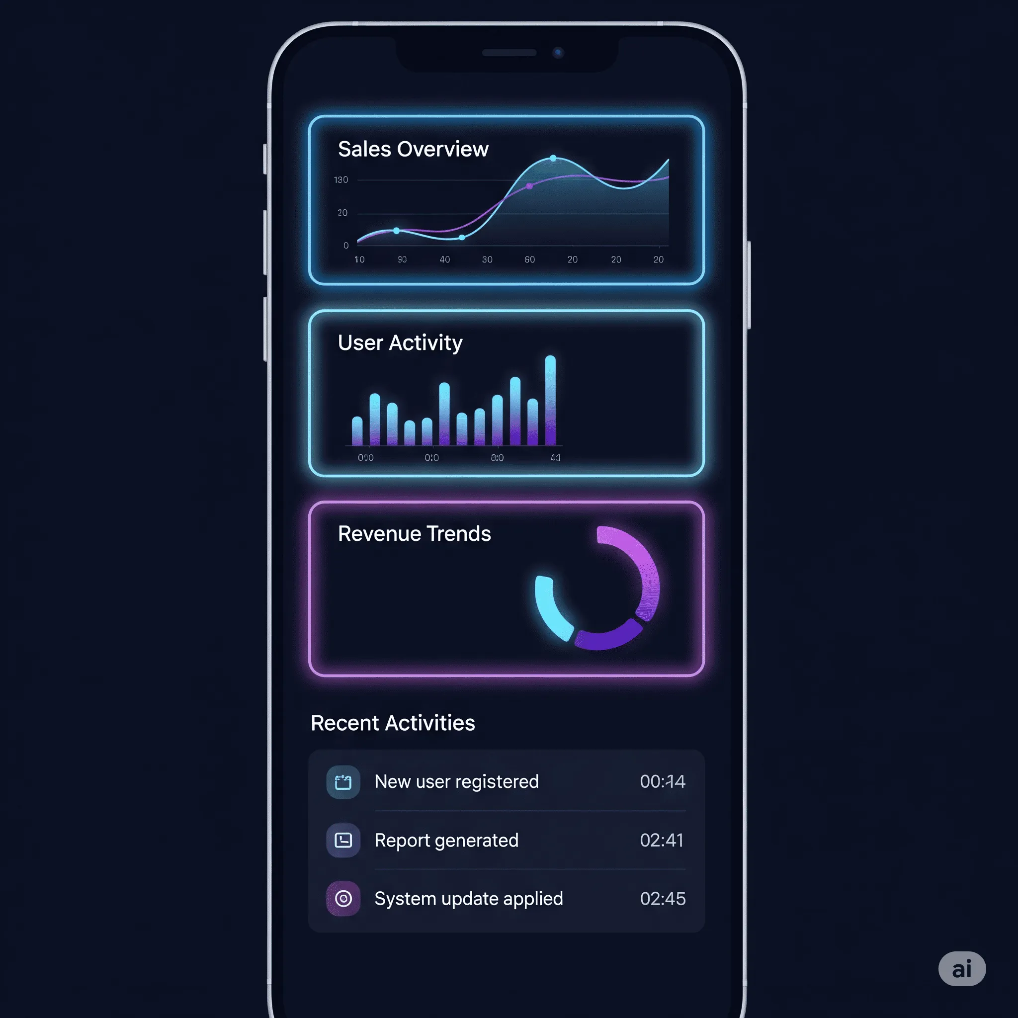 mobile preview of admin panel with real-time notification center for site activity