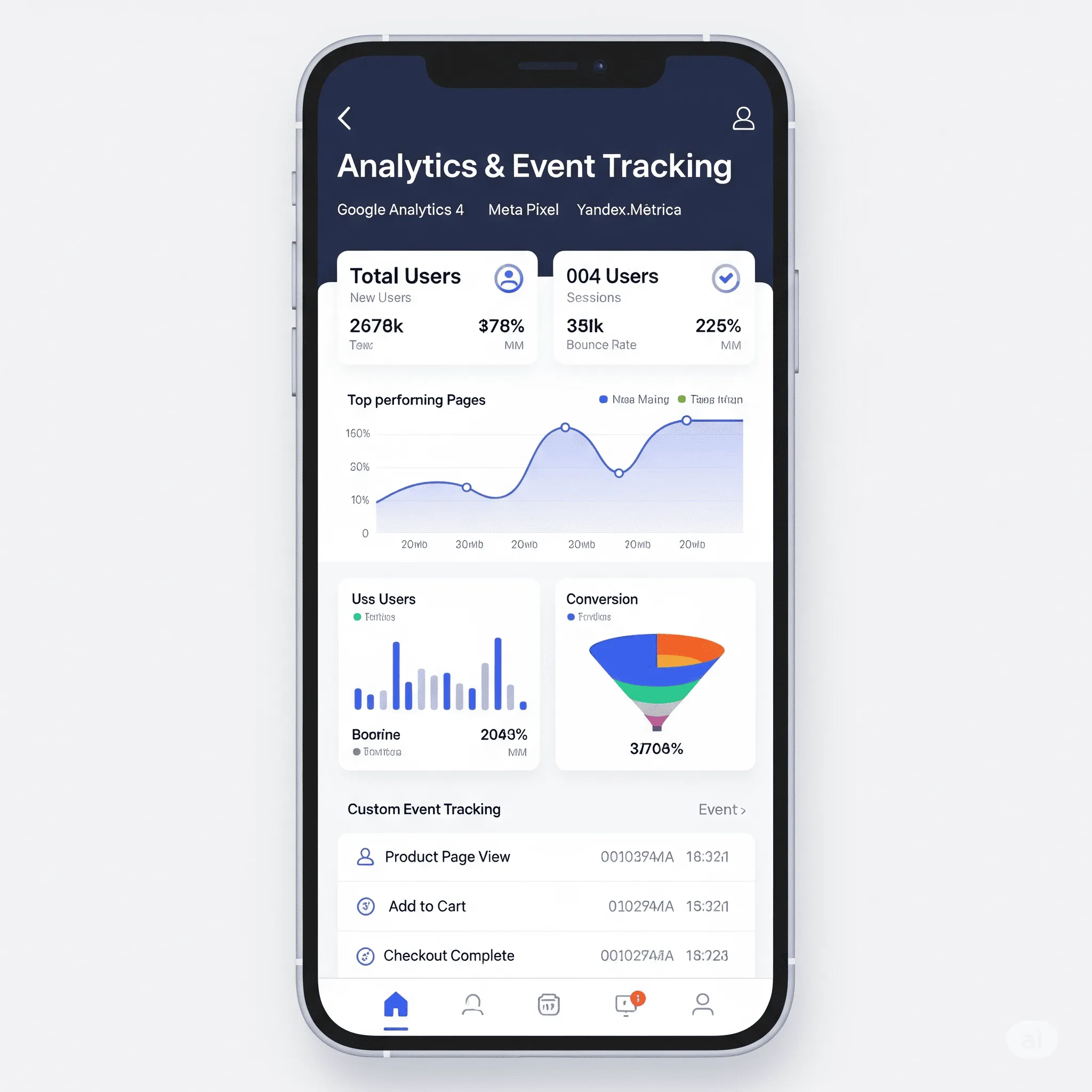 mobile version of analytics dashboard showing summarized user events and conversions