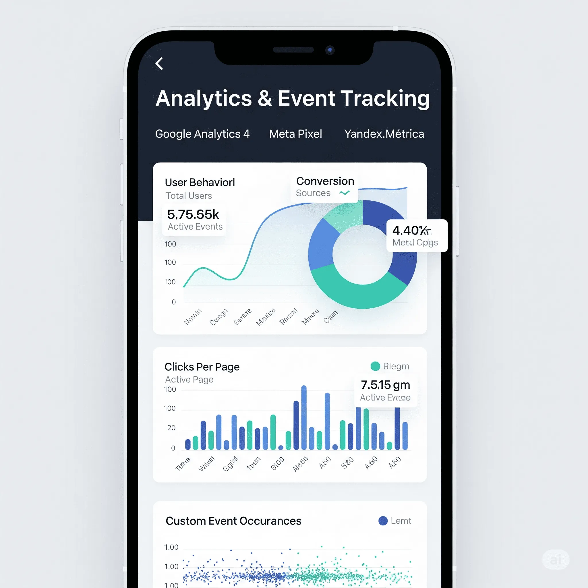 mobile view of analytics module tracking scroll depth and button clicks in real time