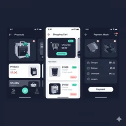 mobile screen displaying product catalog in grid layout with images, prices, and quick add-to-cart buttons