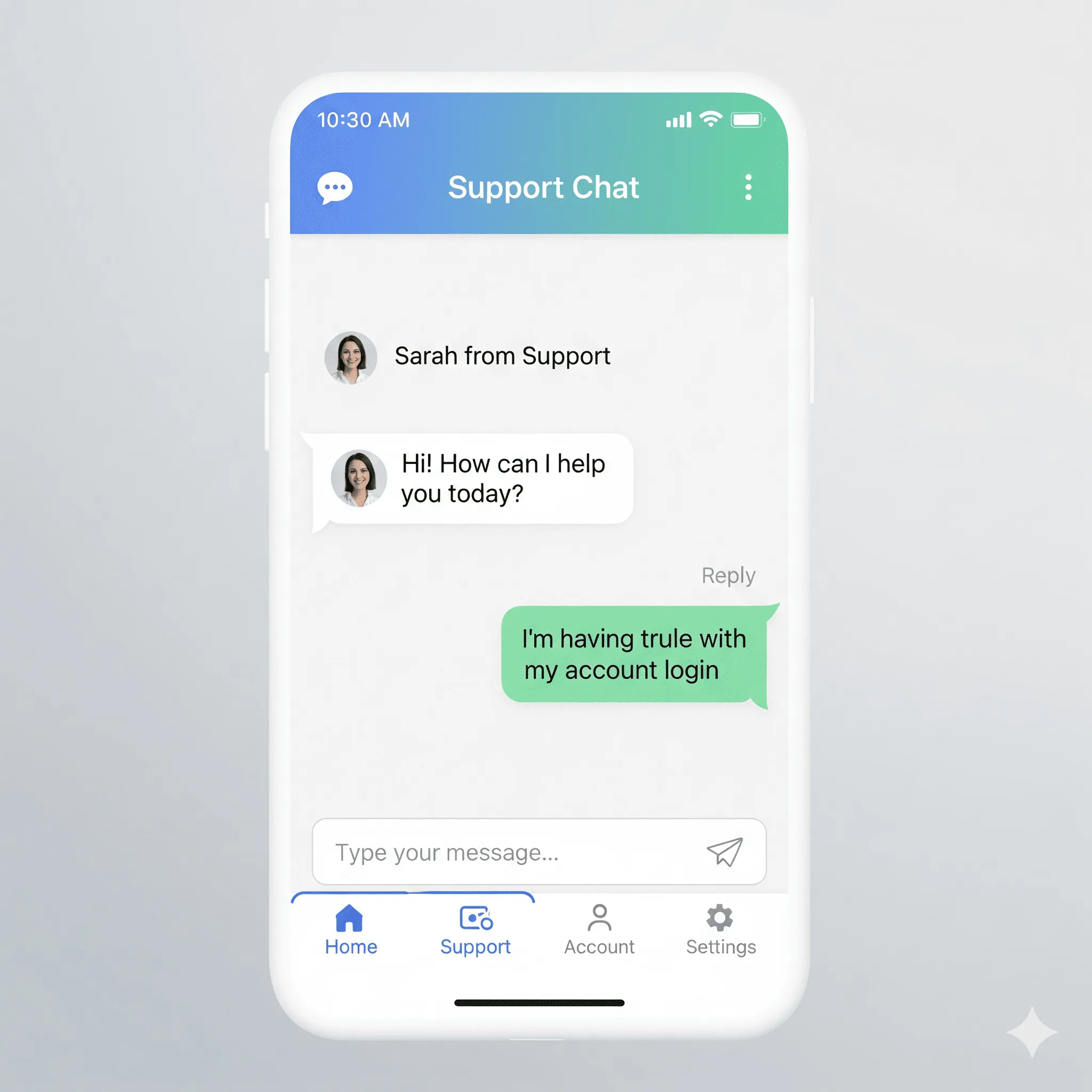 mobile screen preview of in-app chat window with operator conversation and message input field