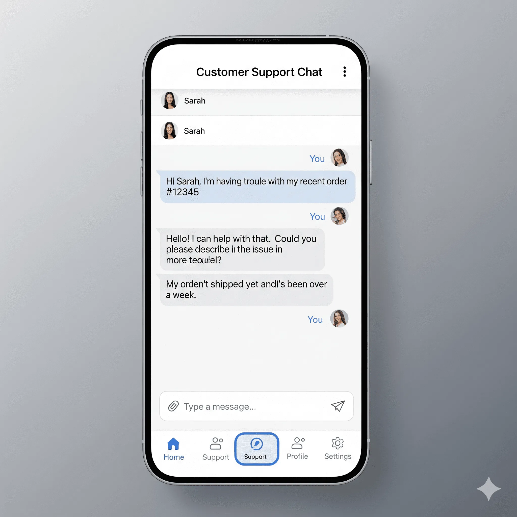 mobile chat view with automated chatbot greeting and quick-reply options for common questions