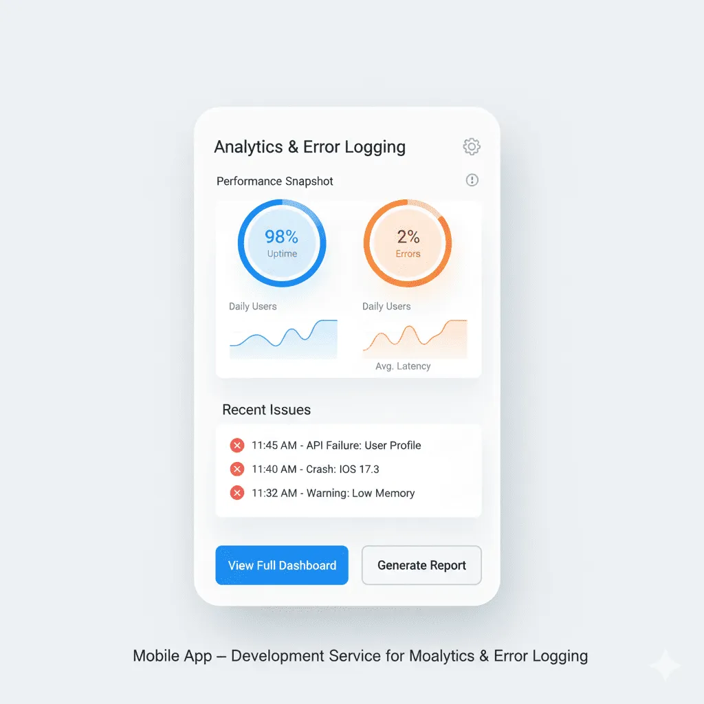 mobile interface displaying a list of application error logs with timestamps