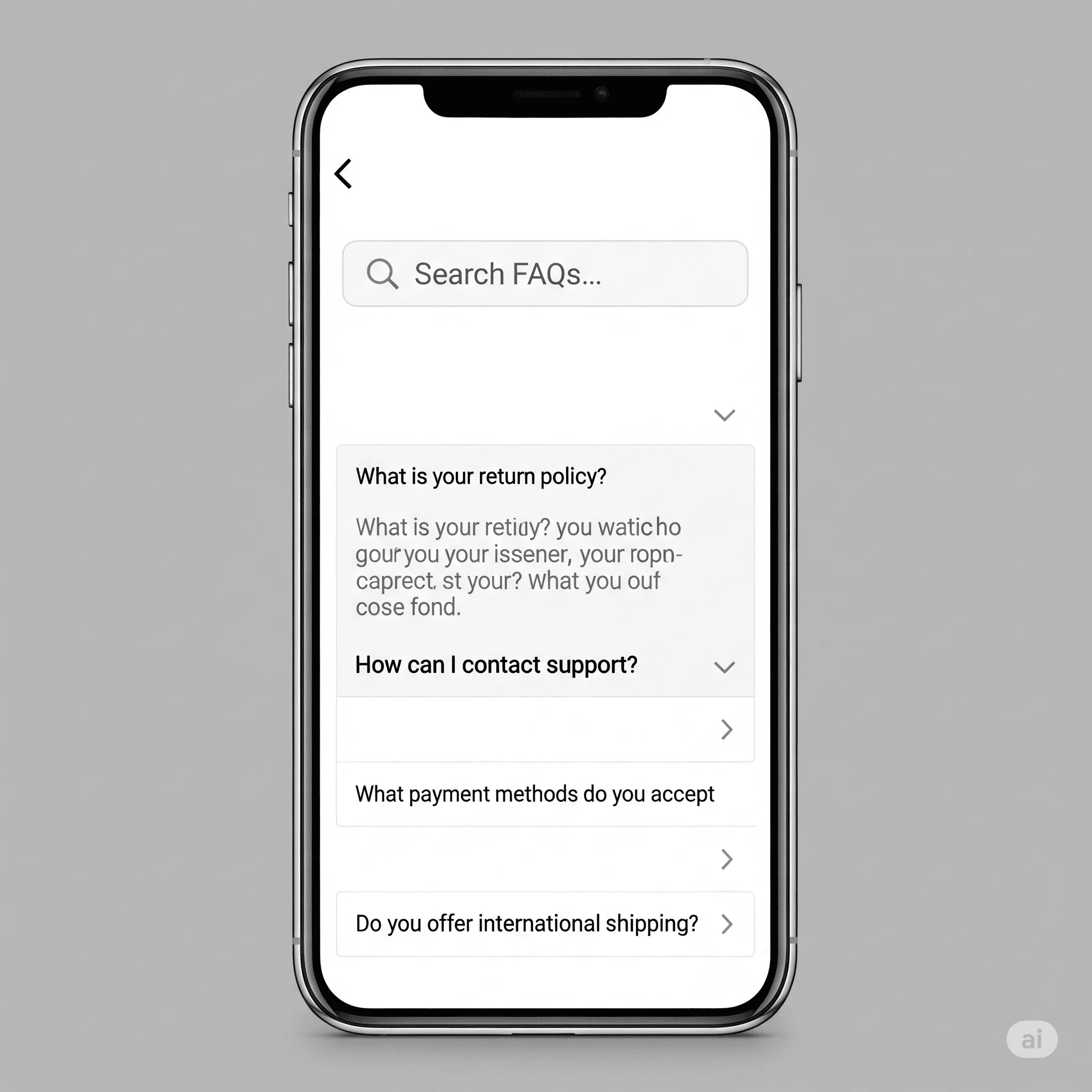 mobile preview of FAQ module with touch-friendly accordion navigation