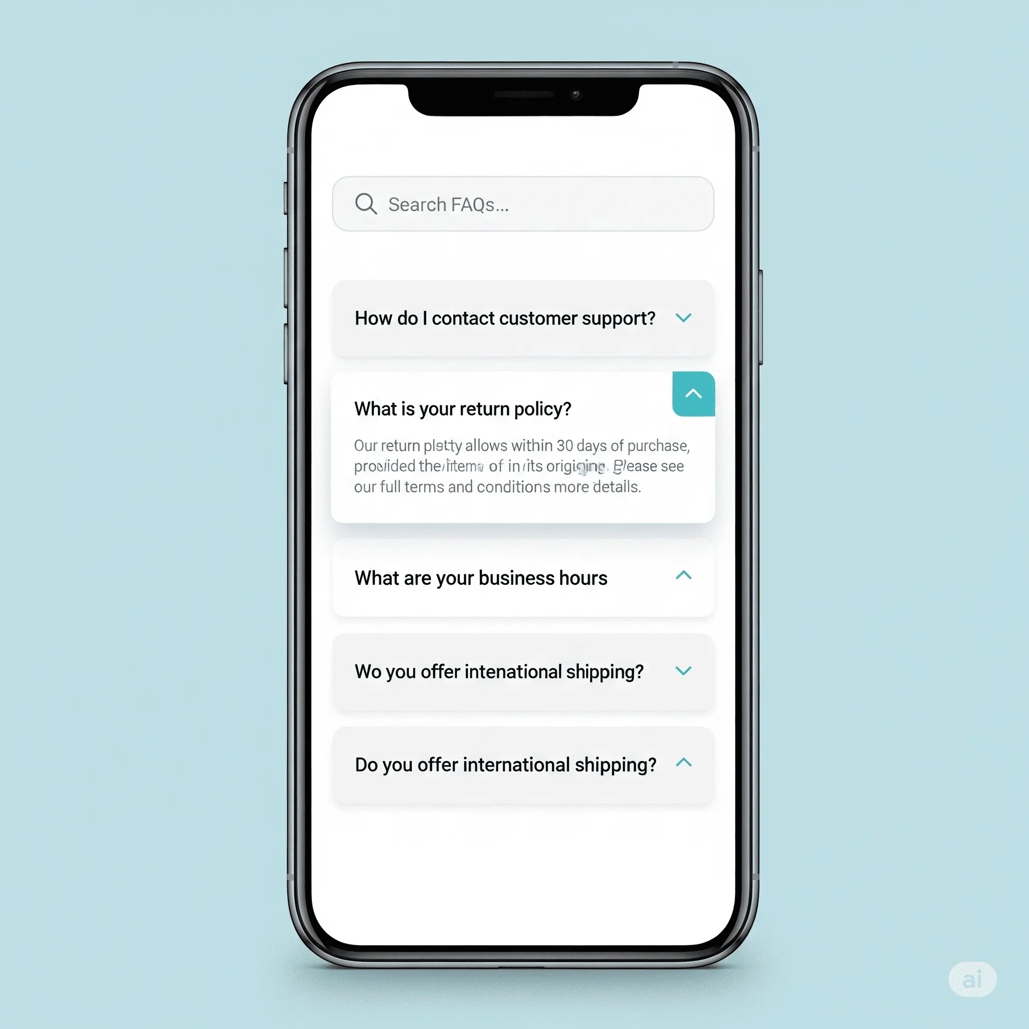 mobile preview of FAQ section with search bar and instant filtered results