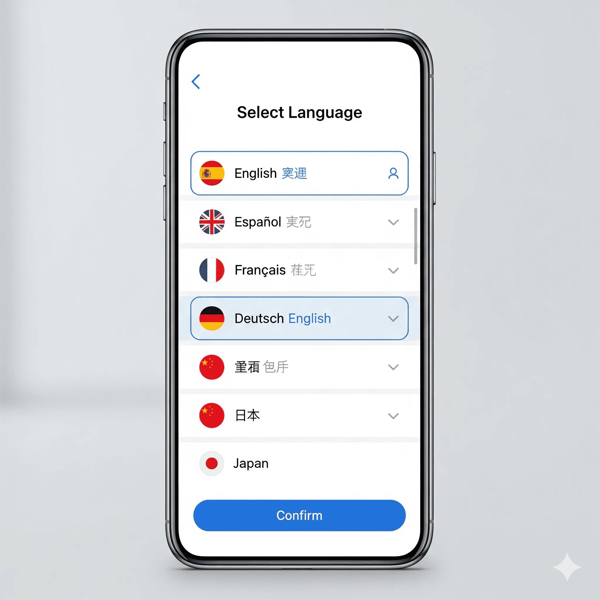 mobile interface preview showing language switcher with flag icons and dropdown list