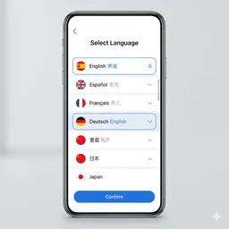mobile interface preview showing language switcher with flag icons and dropdown list