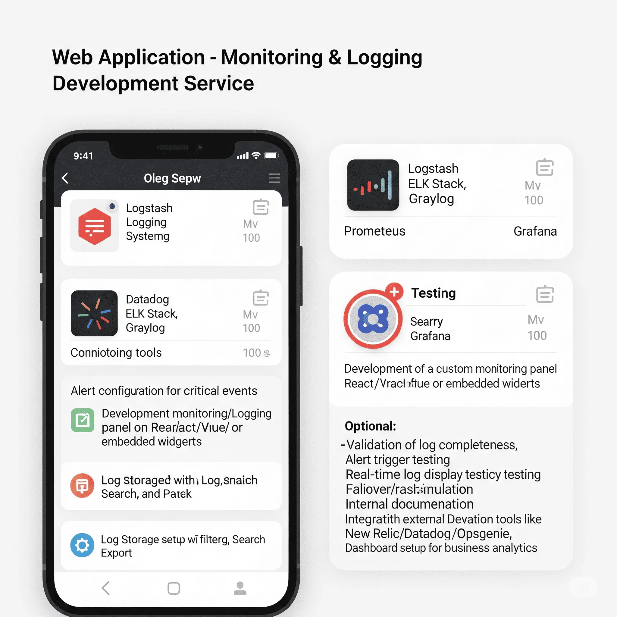 mobile view showing error logs with filtering options and quick access to stack traces