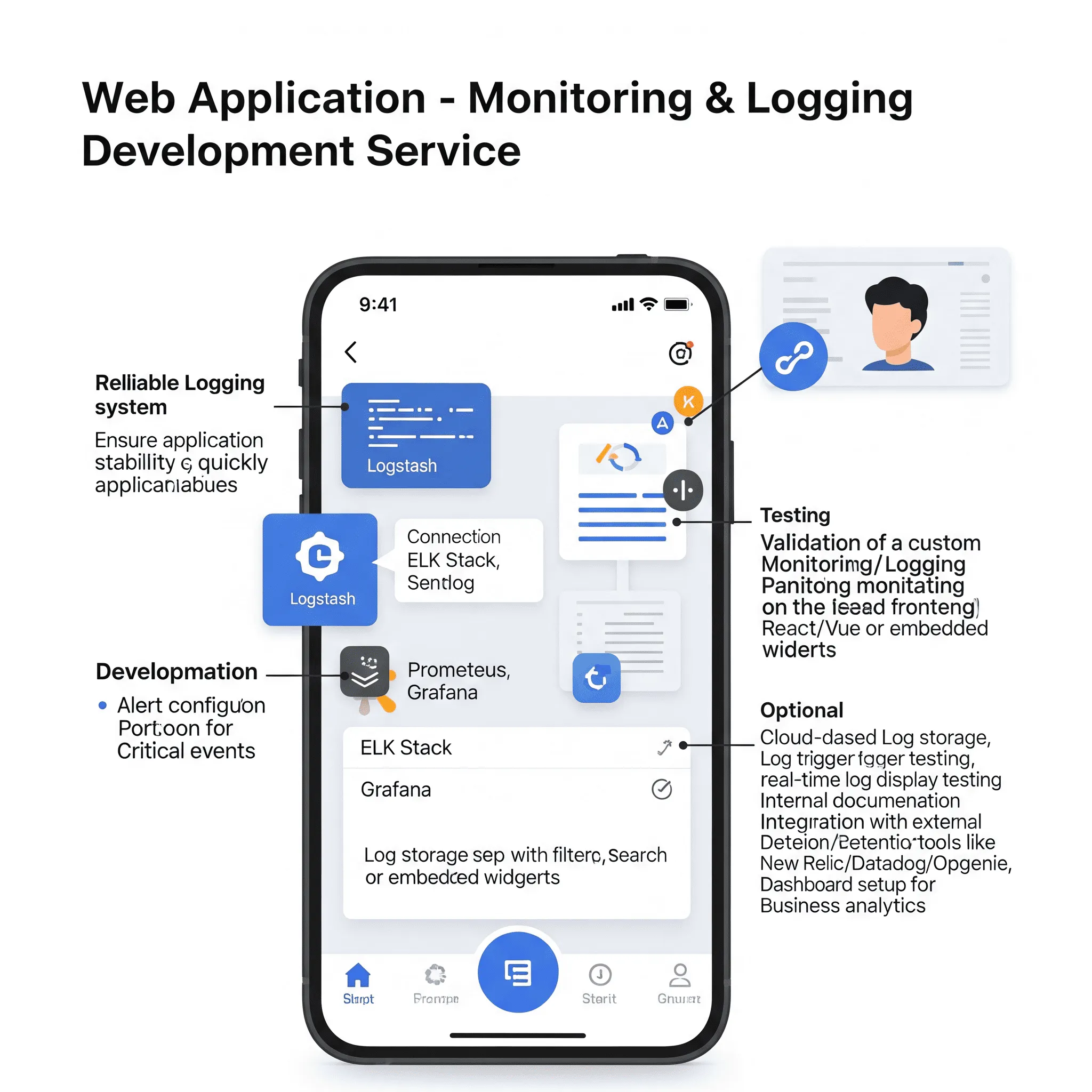 responsive mobile dashboard displaying service uptime, load time, and issue history