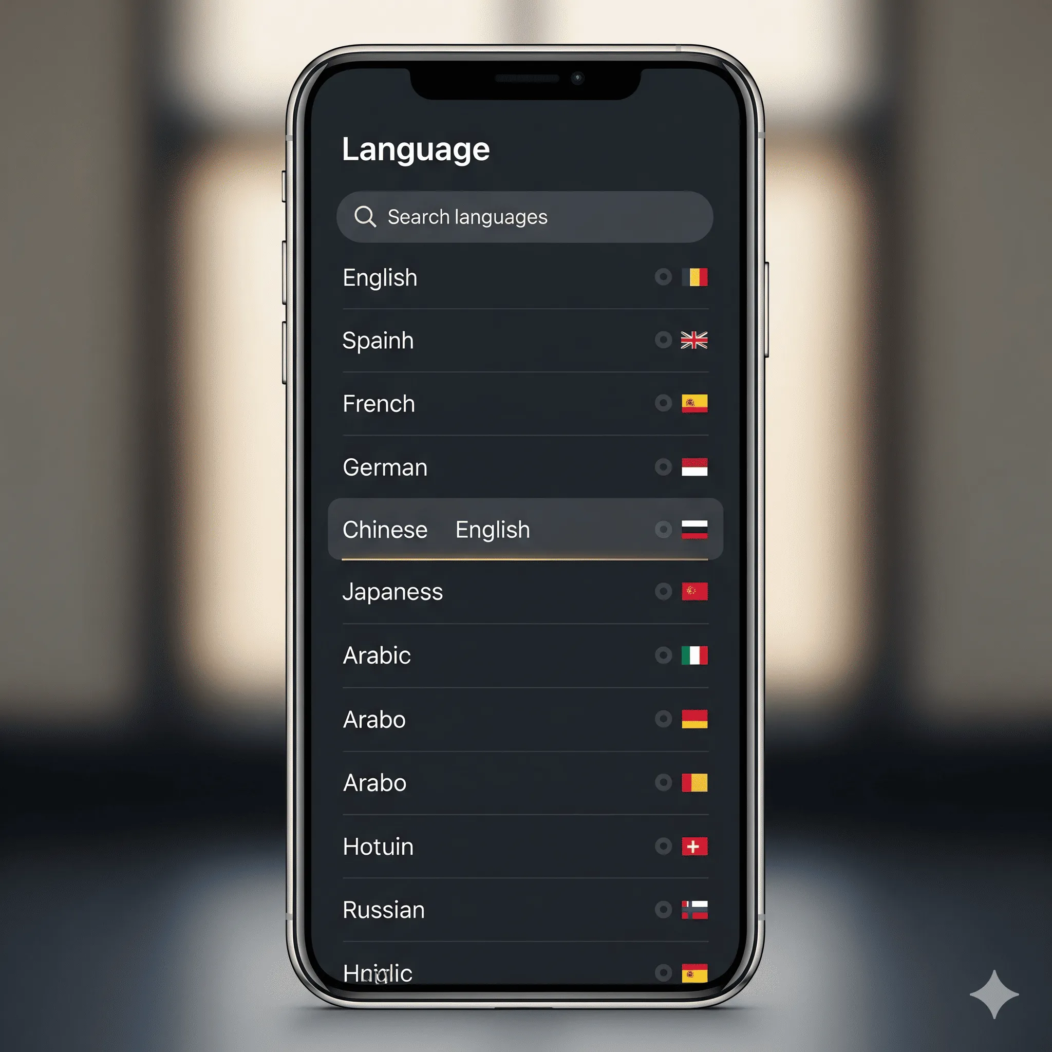 mobile settings screen for selecting region-specific language variations like en-US or en-GB