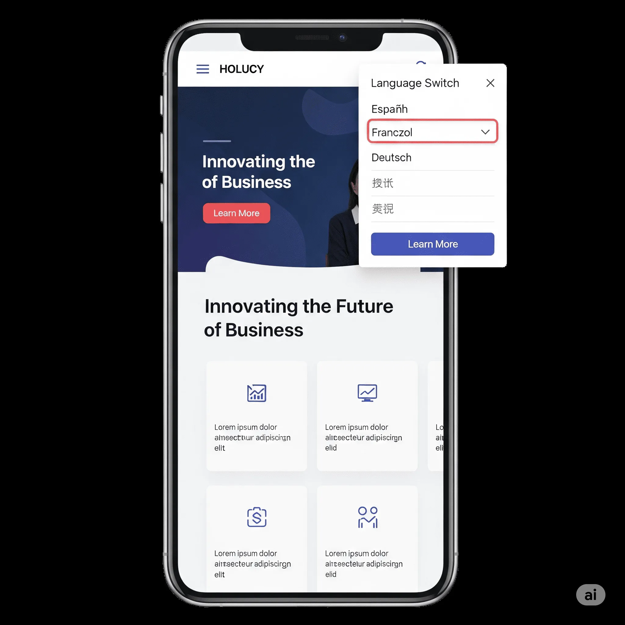 mobile view showing automatic language switch based on geolocation or browser settings