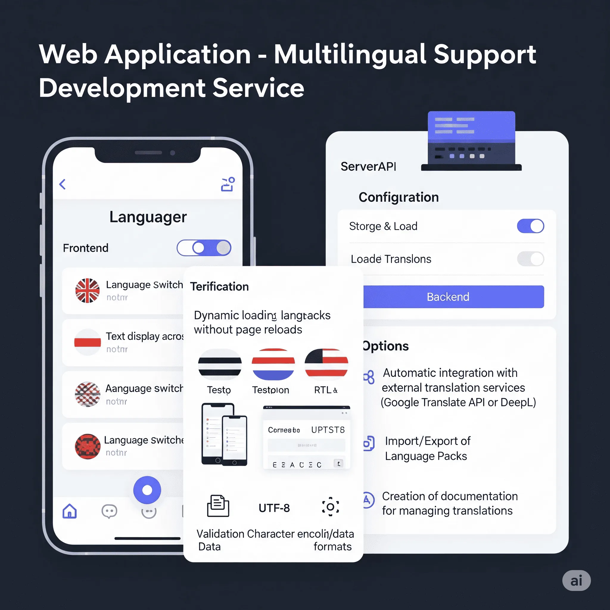 mobile preview showing translated content sections with proper layout and language-specific fonts