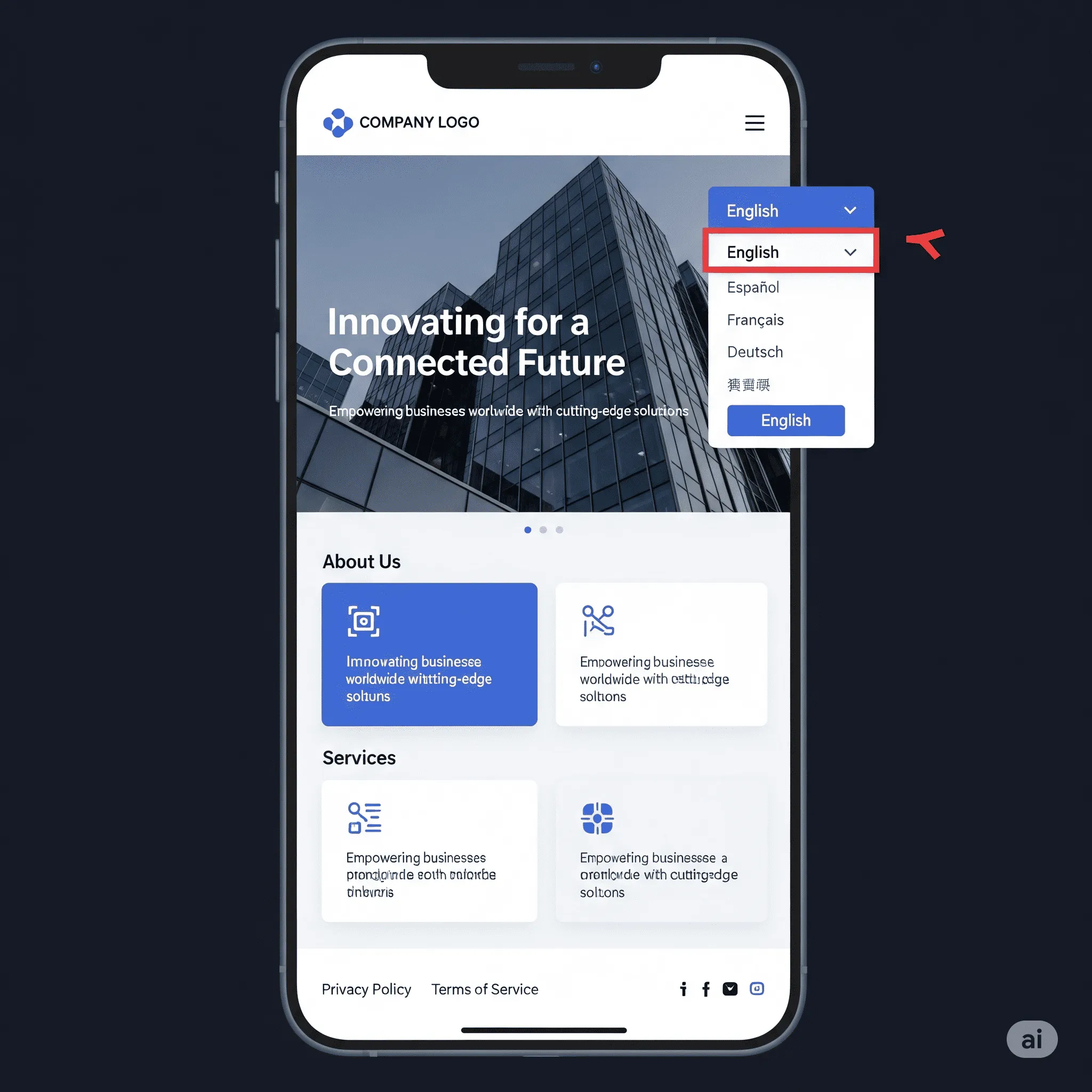 mobile preview of language toggle in multilingual support module with responsive design