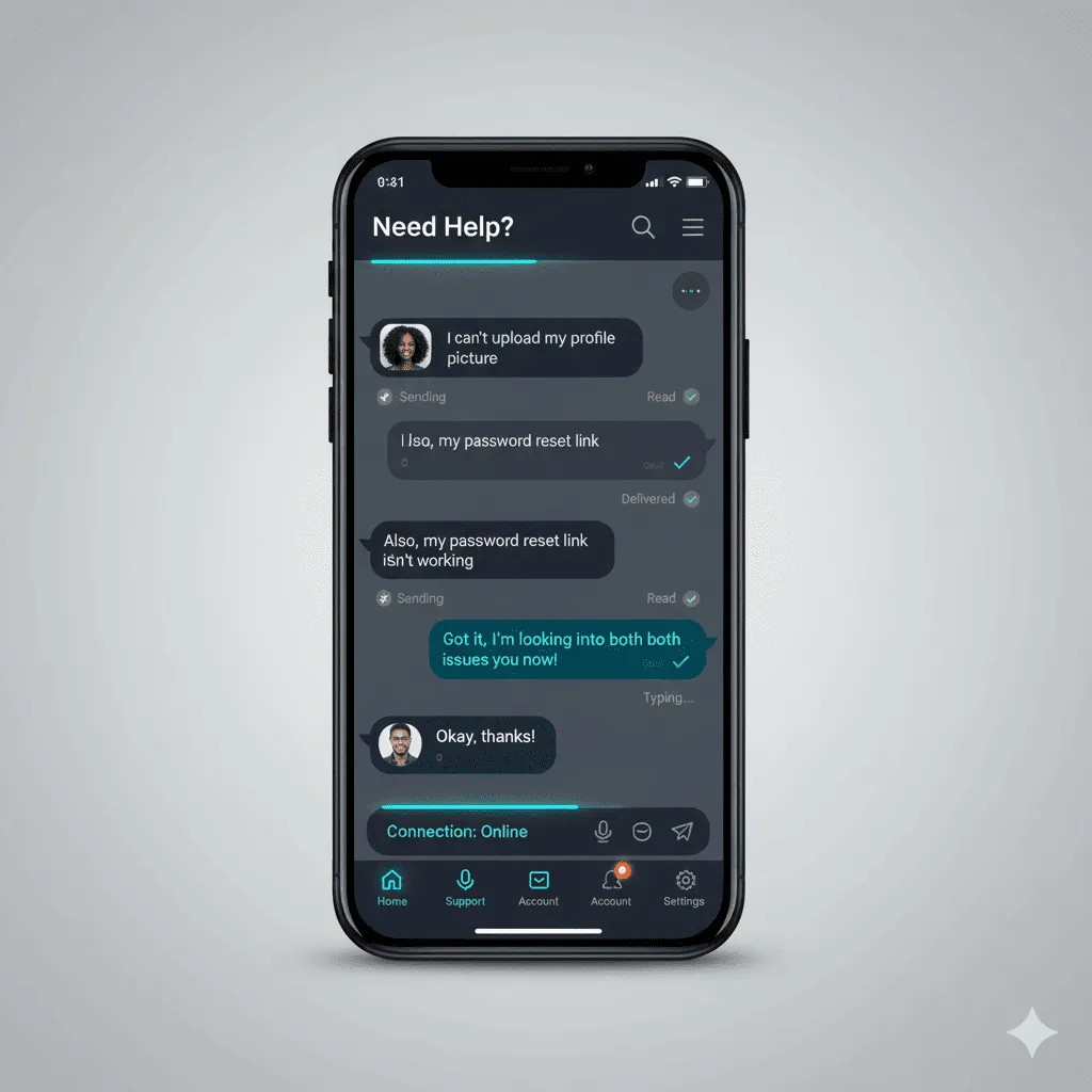 mobile chat interface demonstrating offline mode with queued messages awaiting reconnection