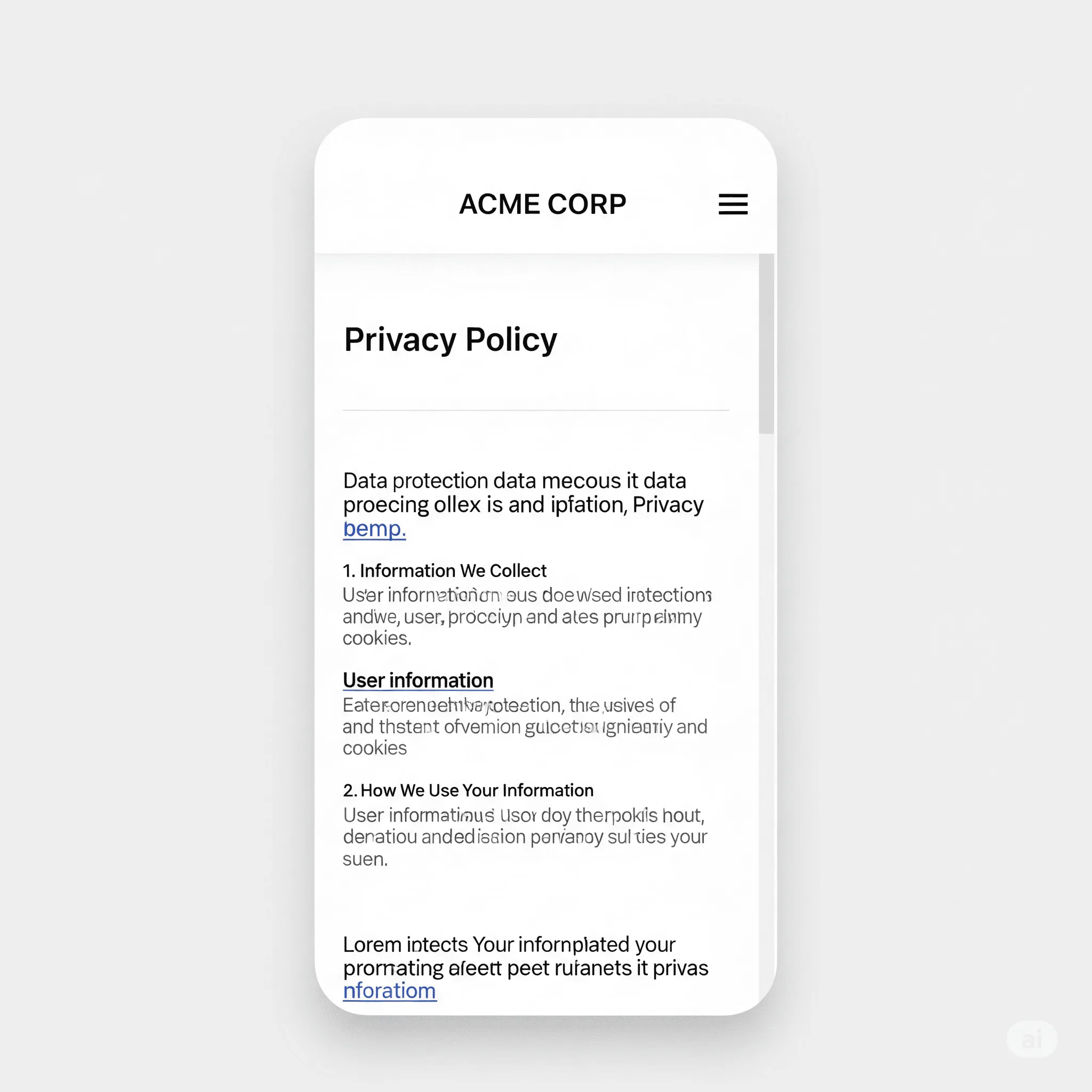 mobile view of privacy policy page with adaptive layout and smooth scrolling