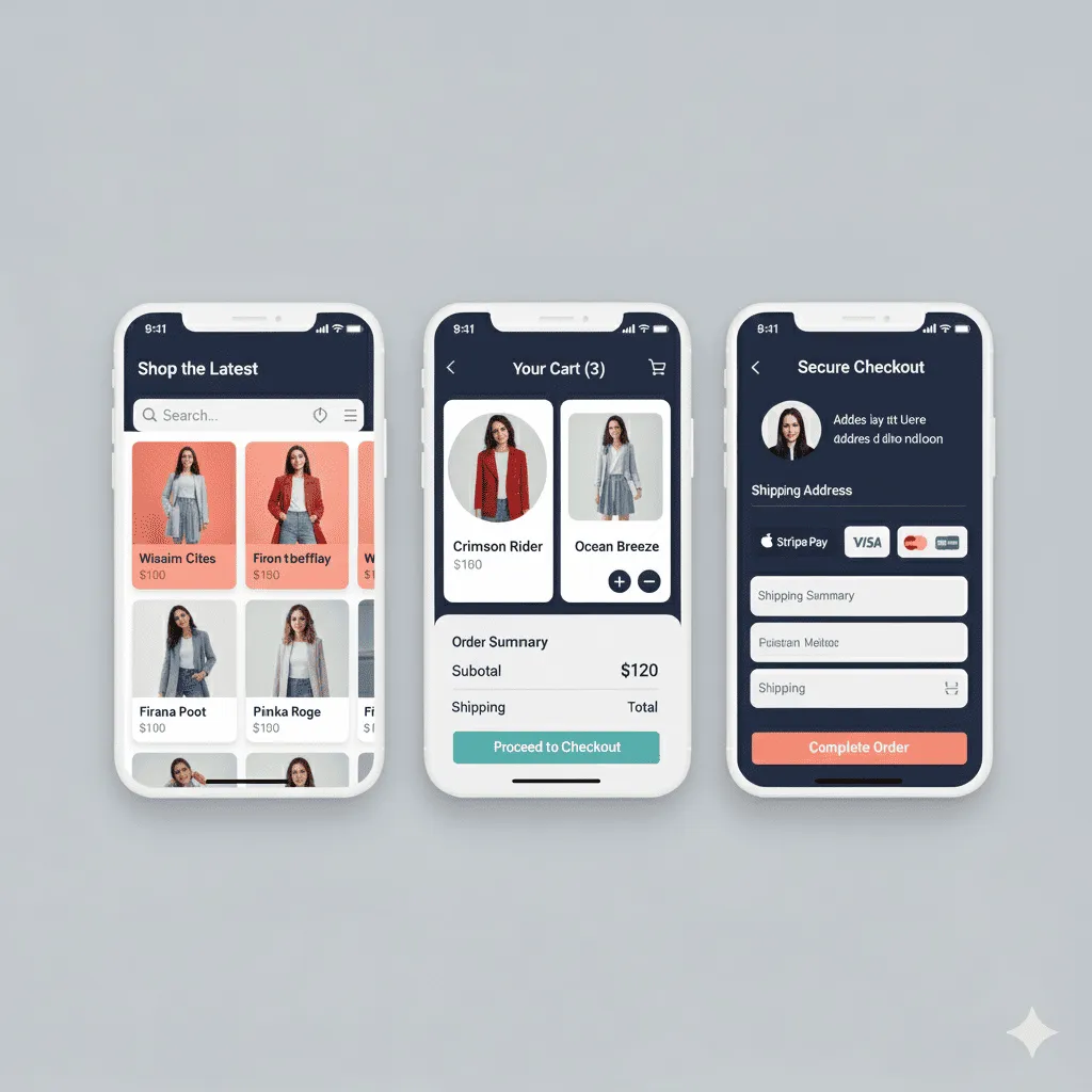 mobile screen showing product detail page with large image, price, availability, and add-to-cart option