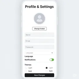 mobile app profile settings screen with editable fields for name, email, and password