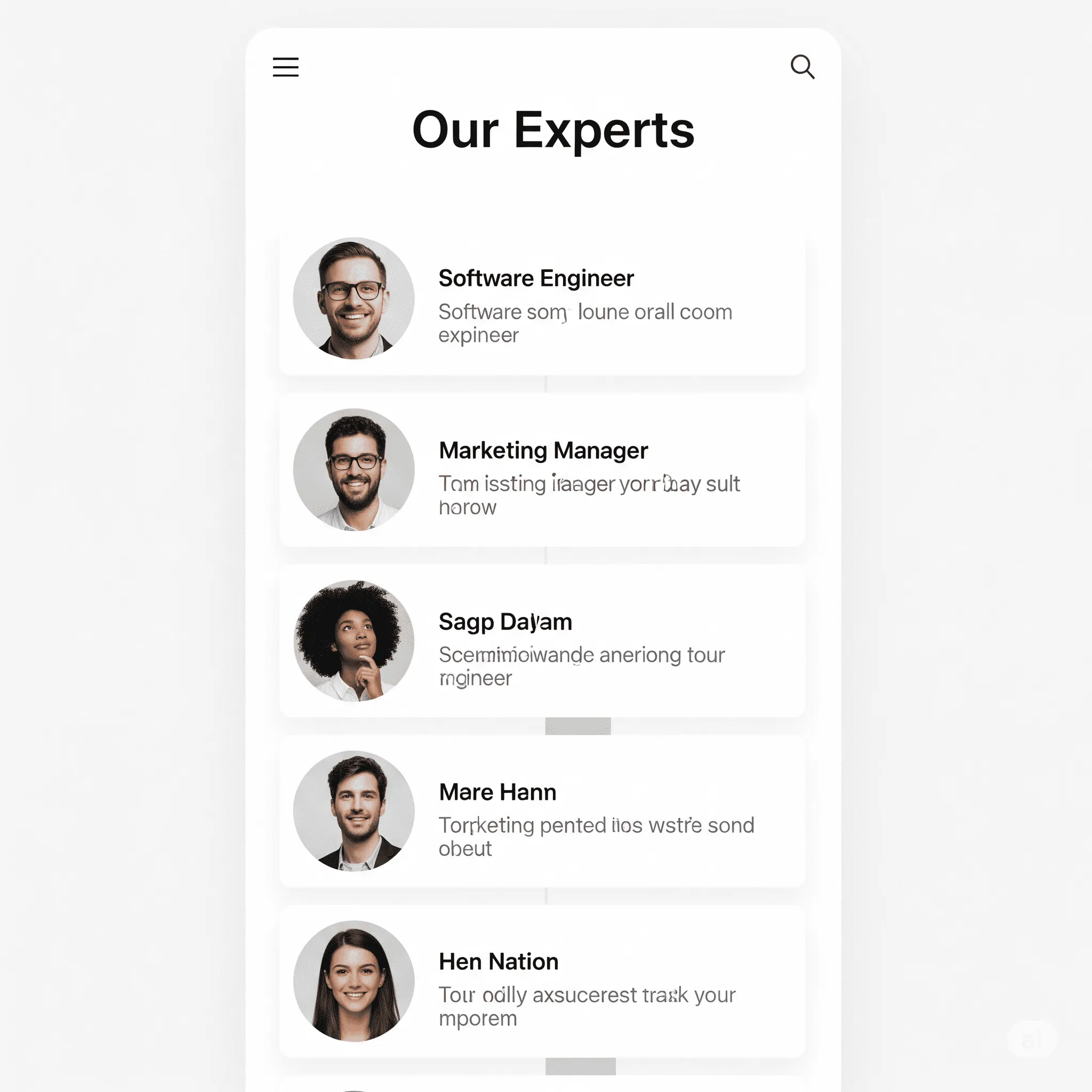 mobile preview of expert profile popup with photo, bio, and contact link