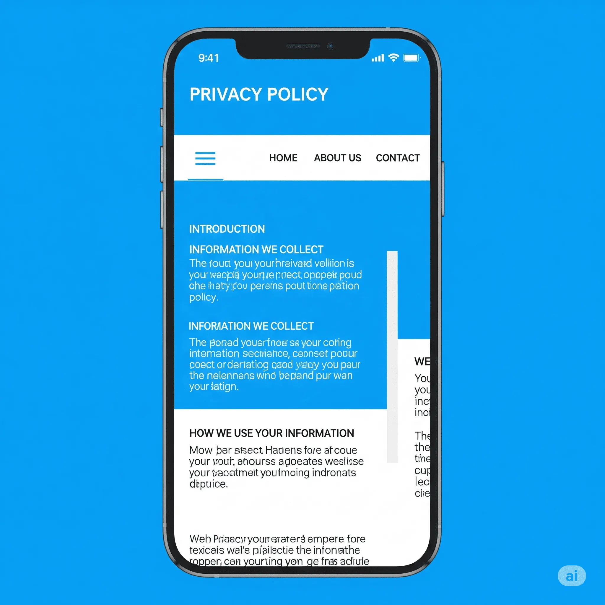 mobile view of terms of service page with quick-access menu for sections