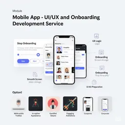mobile preview of onboarding slider with illustrations, text steps, and skip/start buttons